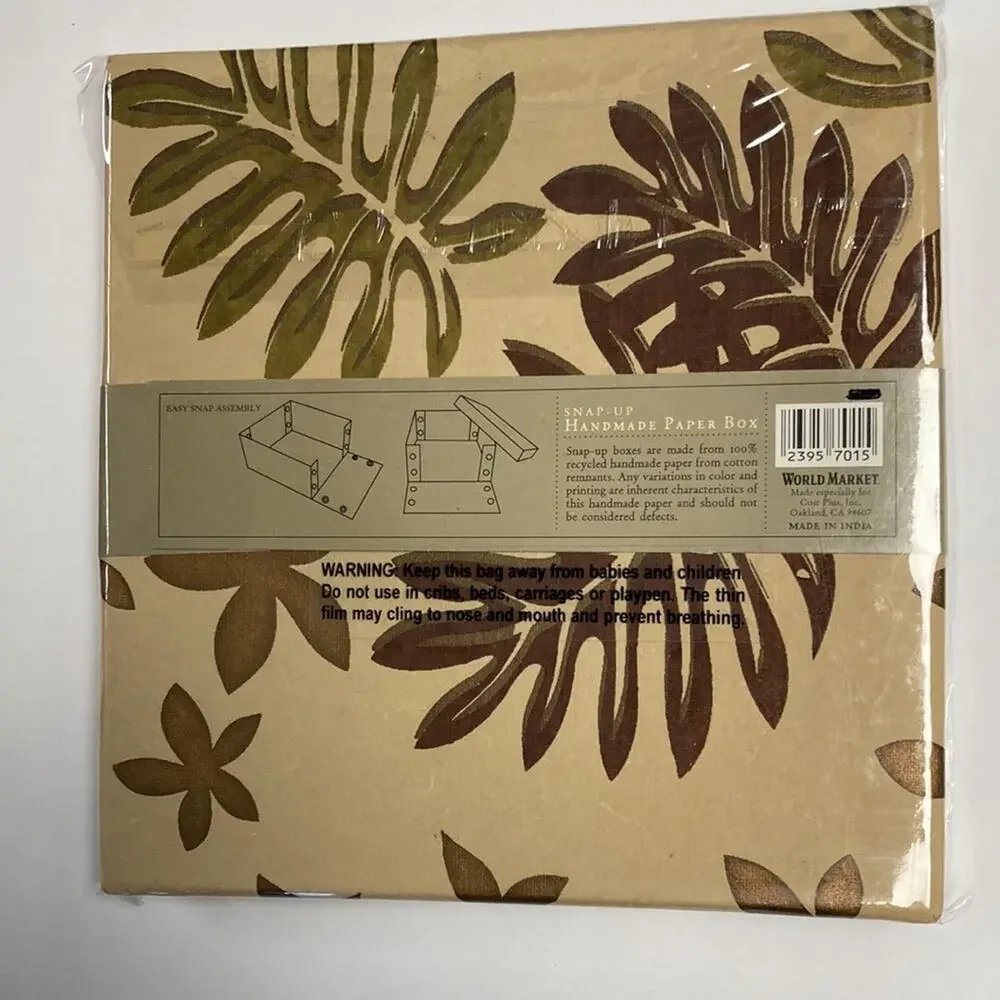 World Market Snap-Up Handmade Paper Box Leaf Print Small Storage